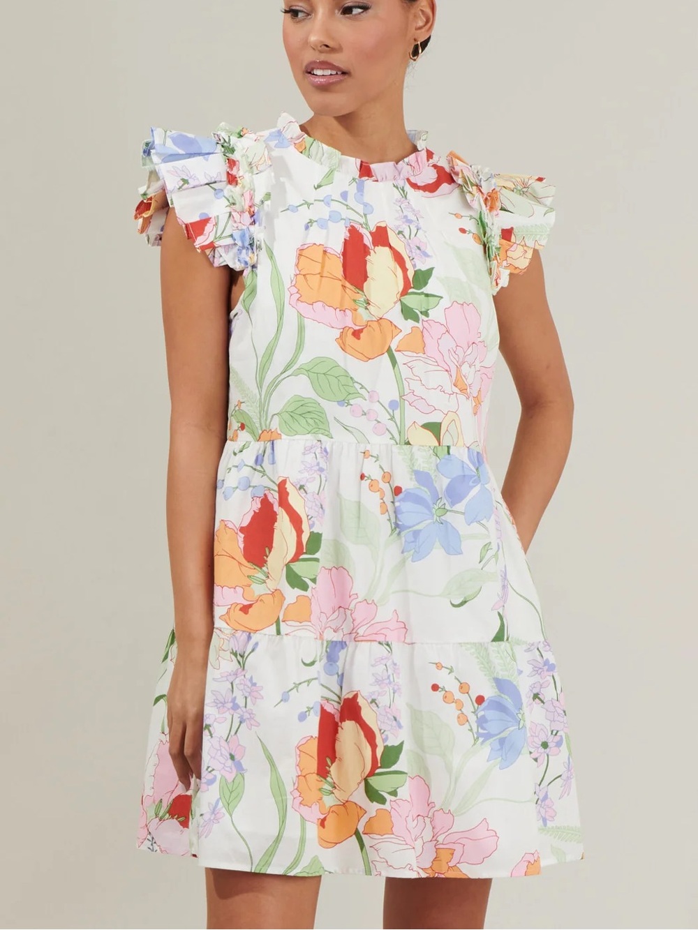 Sugarlips White Floral Juliet Ruffle Sleeve Tiered Mini Dress
